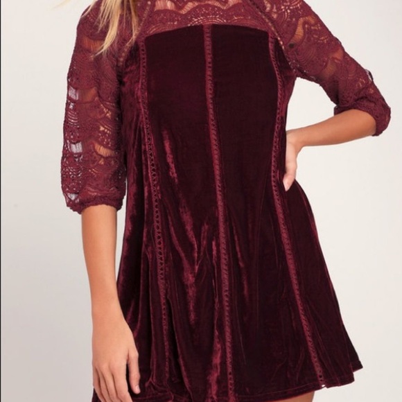 Lulu’s Love Me Always Burgundy Crocheted Lace Velvet Shift Dress - Picture 4 of 10